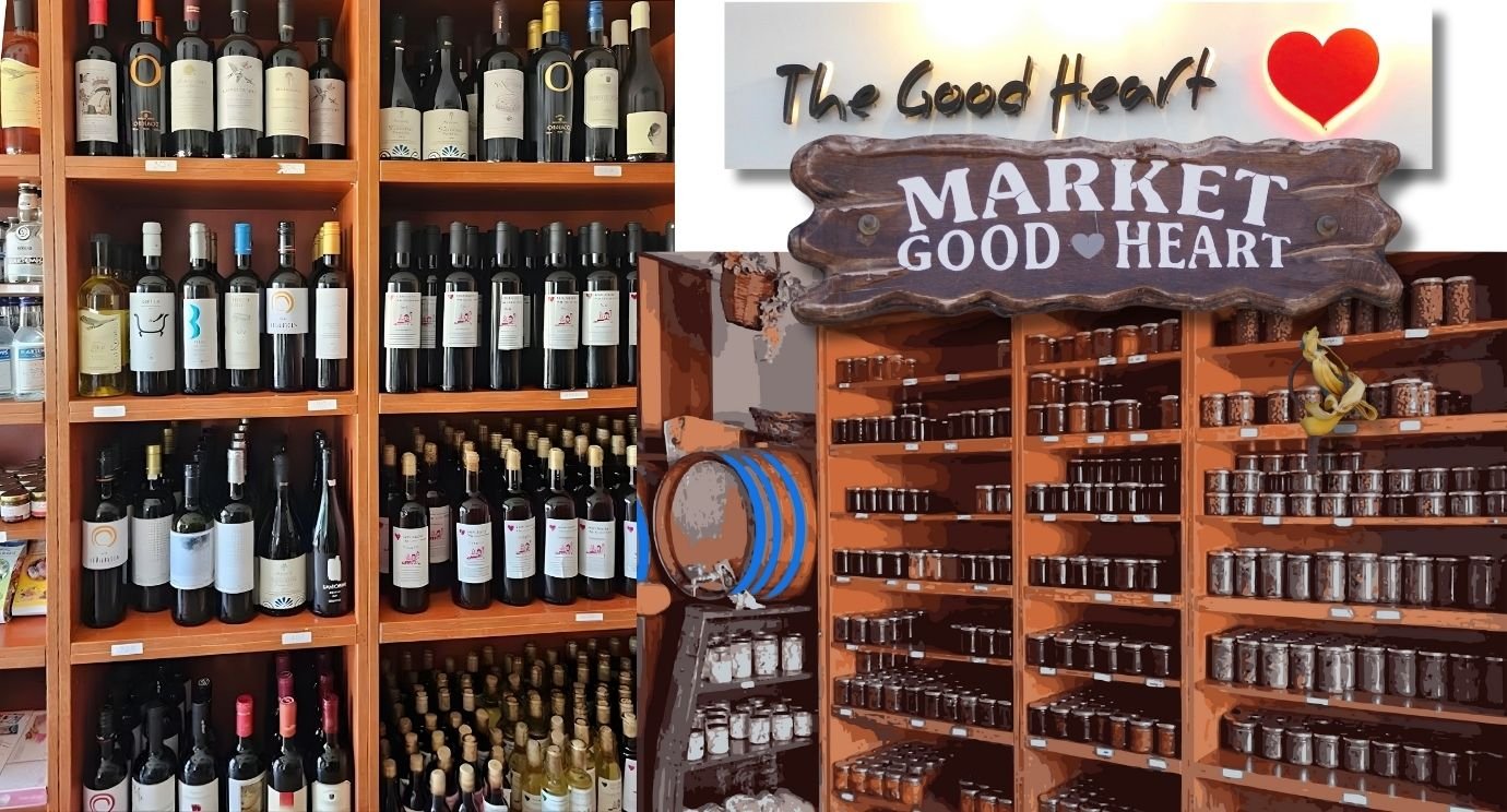 local santorini market with wines and local products by good heart akrotiri